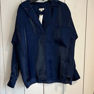 Anthropologie Navy Blue Satin Blouse